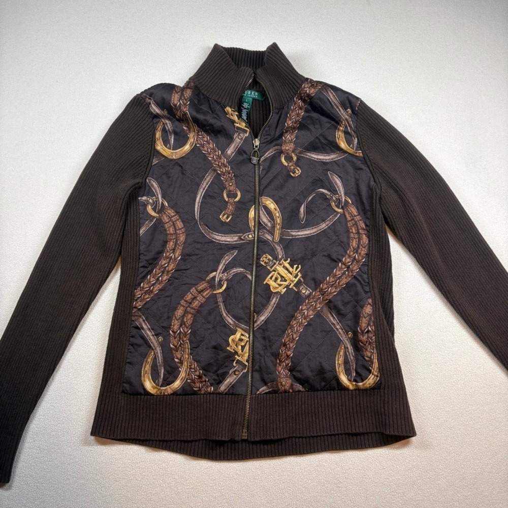 Lauren Ralph Lauren Equestrian Quilted Zip Cardigan Chocolate Brown L RL Logo